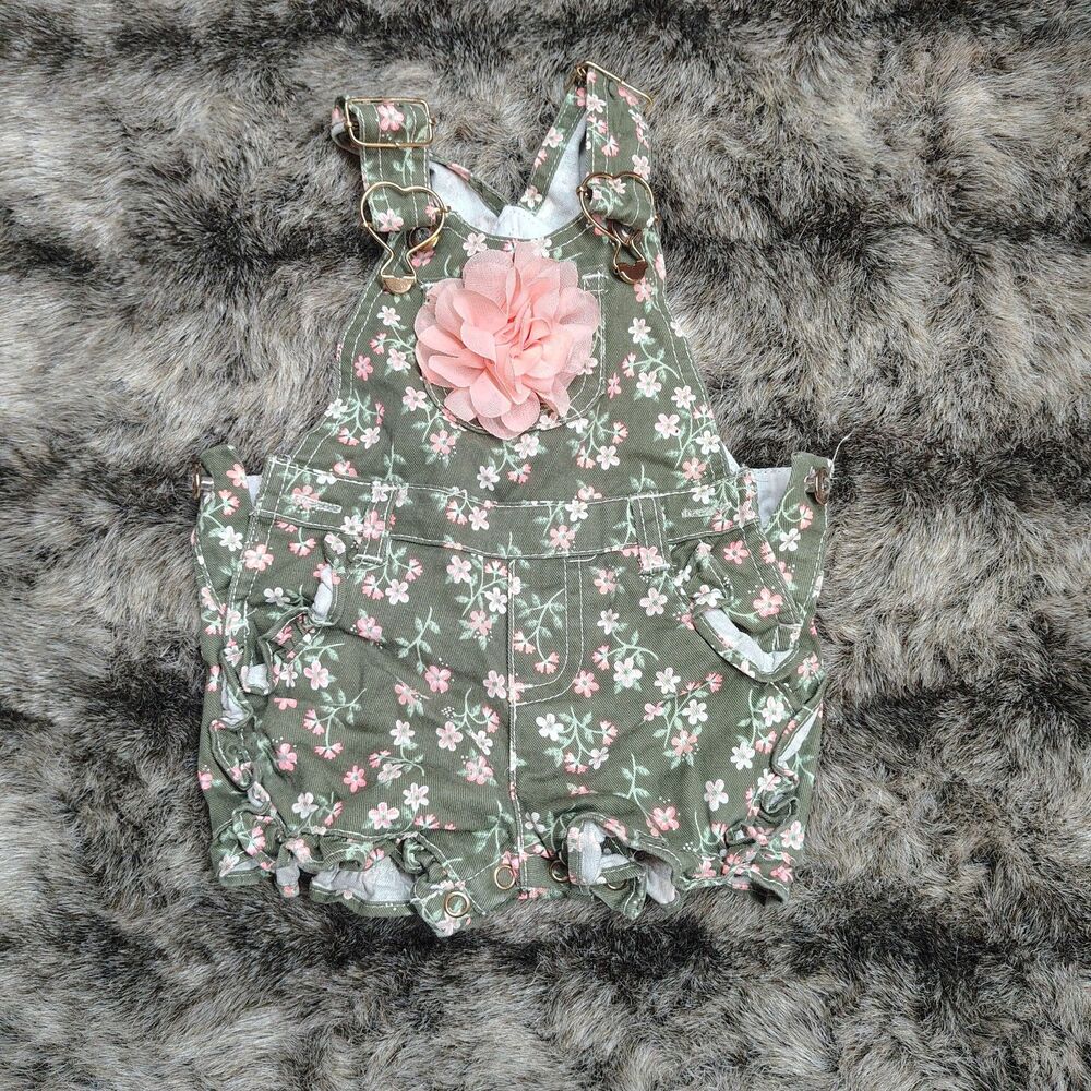 Baby Girl Green Floral Overall Denim Shorts Pink Bow Ruffle Pockets Button 0/3 M